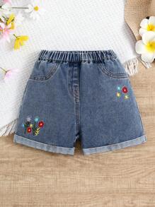 SHEIN Young Girl Casual Blue Washed Loose Ditsy Floral Print Denim Shorts With Rolled Hem Design, Minimalist & Versatile - Medium Wash - View 1