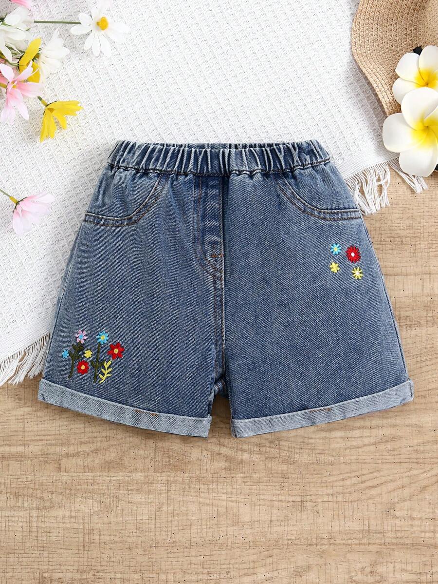 SHEIN Young Girl Casual Blue Washed Loose Ditsy Floral Print Denim Shorts With Rolled Hem Design, Minimalist & Versatile - Medium Wash - View 1