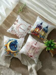 4 Packs Ramadan Themed Hand-Painted Illustration Peach Skin Velvet Throw Pillow Covers, Single-Sided Print, Contemporary Style, Hypoallergenic, Machine Washable, Zipper Closure, Woven Polyester, 17.71x17.71 Inches - Decorative Cushion Covers For Various Room Types, Pillow Inserts Not Included - Multicolor - View 6