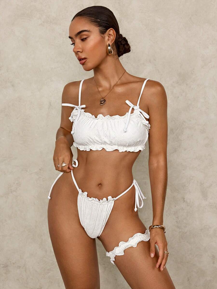 白色婚礼季夏季度假腿带比基尼套装 - 白色 - 查看 1