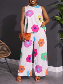 Slaydiva 优雅度假圆领无袖宽松下摆短款上衣直筒裤趣味大花卉印花女式加大两件套 - 白色 - 查看 7