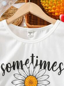 SHEIN 2pcs/Set Teen Girls Daisy Flower Printed Loose T-Shirt And Mini Skirt Casual Vacation Outfit - Black - View 3