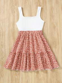 SHEIN 青少年女孩黑色碎花针织吊带背心拼布 A 字型假日休闲连衣裙 - 粉色 - 查看 2