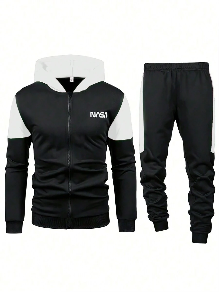 2pcs Tween Boy Letter Print Zip-Up Hoodie And Pants Set - Black and White - View 1