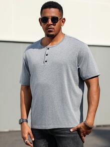 Manfinity Homme Plus Size Heren Effen Kleur Knoopsluiting Korte Mouw Casual T-shirt