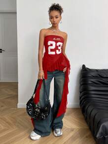 Coolane 青少年女孩 Y2K 图案撞色蕾丝运动抹胸荷叶边迷你裙 - 紅色 - 查看 6