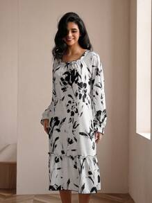 Ruffled Collar Ink Painting Bubble Crinkle Nightgown - Black and White - View 4