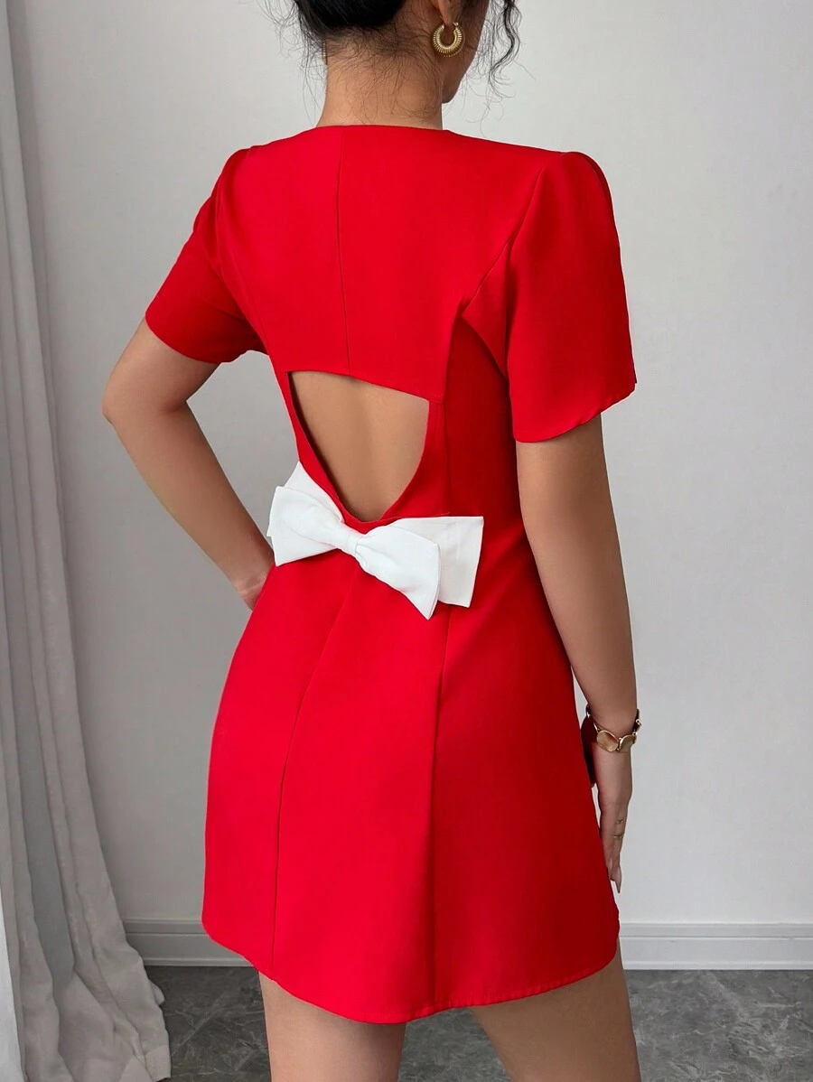 Elenzga Red Color Block Bow Decor Backless Short Dress - Red - View 1