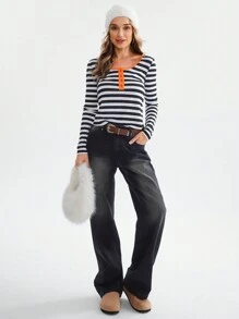 SHEIN LUNE 2024 Autumn Winter New Women Colorblock Striped Knit Top T-Shirt