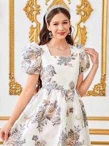 SHEIN 优雅花卉提花泡泡袖中长连衣裙，方形领口，适合少女的度假复古风格 - 白色 - 查看 3