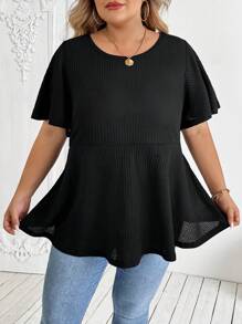 SHEIN CURVE+ Plus Size Women A-Line Short Sleeve Black T-Shirt Top, Versatile Casual Holiday