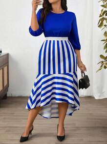 SHEIN Clasi Plus Size Elegant Striped Splice Fishtail Hem Dress - Blue and White - View 6