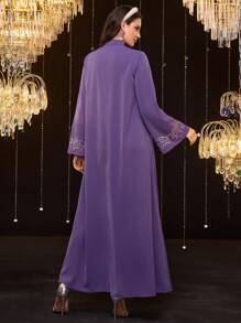 Al Najma 女士优雅长袖刺绣阿拉伯传统连衣裙、卡夫坦和贾拉比亚，朴素 - 紫色 - 查看 6