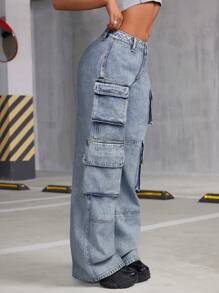 SHEIN ICON Women's Multi Pocket Loose Casual Wide Leg Cargo Jeans
