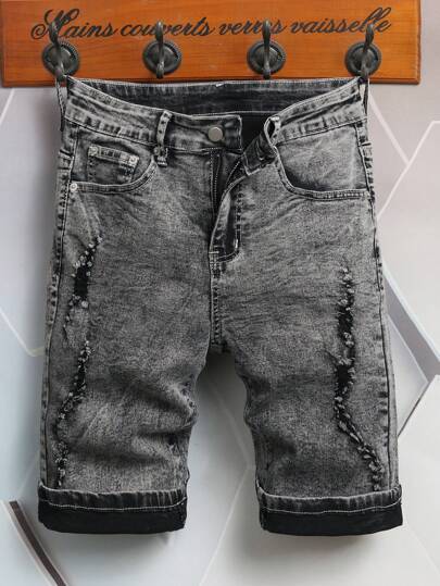 Manfinity LEGND Men's Simple Distressed Front Button Pocket Casual Denim Shorts