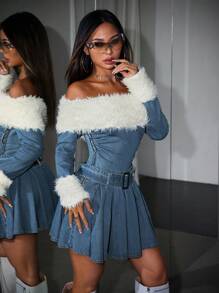 SHEIN ICON 女士牛仔连衣裙性感单肩迷你连衣裙带毛边秋季女装啦啦队服装 Y2k 连衣裙加厚牛仔布毛绒 - 彩色 - 查看 8