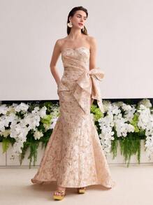 MOTF Soiréza VÁY ỐNG COCKTAIL VAI NÀNG TIÊN CÁ JACQUARD - Màu Hồng baby - Xem 5
