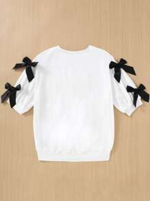SHEIN Áo thun cổ tròn tay lửng dệt kim màu trắng rộng rãi cho bé gái tuổi teen có nơ trang trí, màu tương phản dễ thương thường ngày, phù hợp cho mùa xuân và mùa hè - Đen và trắng - Xem 2