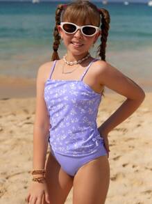 SHEIN Tween Girl Ditsy Floral Ruffle 吊带比基尼泳装，随机印花