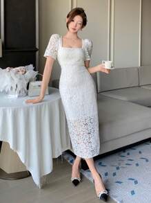 DAZY 女士蕾丝方领泡泡袖开衩中长连衣裙舞会礼服优雅太阳裙，婚礼礼服 - 白色 - 查看 9