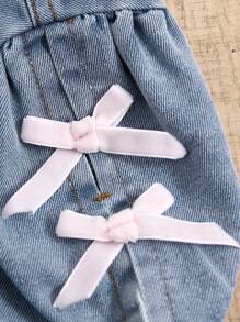 SHEIN Tween Girl Light Wash Casual Elegant Short Sleeve Denim Blouse With Sleeve Splicing Design & Pink Velvet Bow Decor, And Elastic Waist Pleated Long Denim Skirt Outfit, Simple Fashion Versatile Design For Daily Wear - Light Wash - View 5