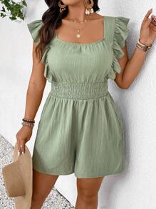 SHEIN Frenchy Mono de mujer de talla grande de unicolor con mangas cortas y cordón en la cintura