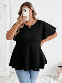 SHEIN CURVE+ Plus Size Women A-Line Short Sleeve Black T-Shirt Top, Versatile Casual Holiday