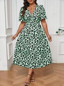 SHEIN Frenchy Plus Size Fall Vintage Leopard Print Short Sleeve Kink Cinched Waist Dress