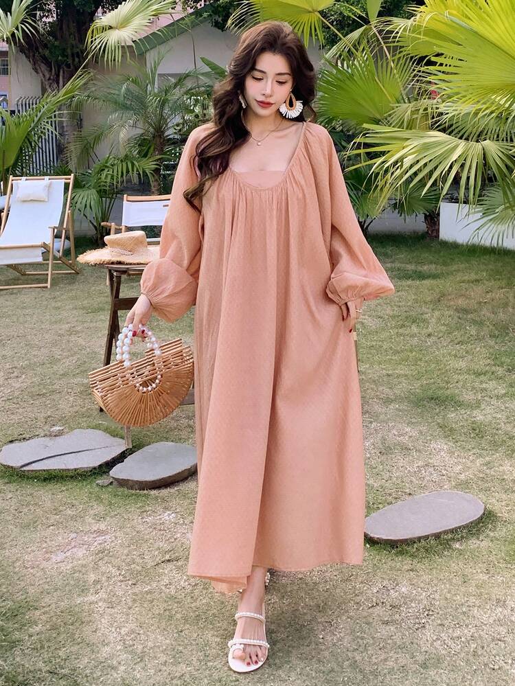 Women Casual Elegant Ruched Waist Midi Dress With Long Sleeves