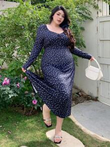Dazy Plus All-Over Floral Print Wrap Dress Long Sleeve, Spring/Summer,Milkmaid Dress - Navy Blue - View 8