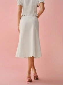 Enchnt Falda de lino con bordado de ola en el bajo, unicolor, romántica y elegante para mujer, ideal para vacaciones, citas dulces, uso diario y vacaciones