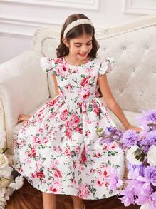 Wildeya Vestido sin espalda con manga de tapeta y escote en V con estampado floral para niña preadolescente elegante