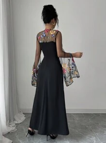 Rafferiza Elegantes französisches retroartiges Kleid für Damen mit Quadratausschnitt und A-Linie Taille, schlank geschnittenes Patchwork-Kleid mit bestickter Mesh-Verzierung