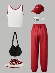 SHEIN Valentine's Day Tween Girl Casual Fashionable Street Chic Red Cartoon Tank Top & Sweatpants 2 Pieces Set - Multicolor - View 2