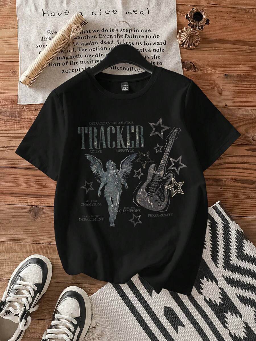 Attitoon 音乐节休闲宽松吉他天使图案圆领短袖女式T恤，适合夏季 - 黑色 - 查看 1