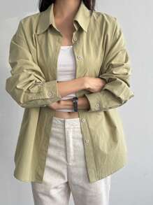 DAZY Casual Loose Solid Color Long Sleeve Women's Blouse - Olive Green - View 6