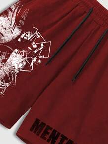 ROMWE MEN Anime Men's Loose Cropped Print T-Shirt Set - Black - View 3