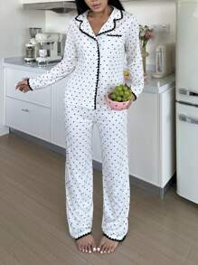 Snug Zone Sweet Heart Contrast Color Collar Ladies Pajama Set, Fall Winter Clothes - Grey - View 7