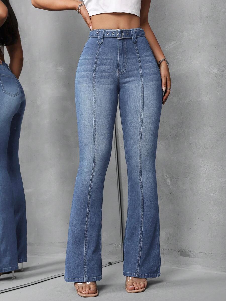 SHEIN Tall Damskie seksowne obcisłe rozciągliwe jeansy dzwony, niebieskie - Ciemny jeans - Zobacz 1