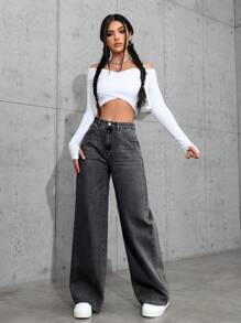 Jeans délavé taille haute coupe large