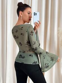 SHEIN Clasi Women's V-Neck Flare Sleeve Mesh Slim Fit Blouse, Ideal For Easter, Valentine's Day Outfits Festival