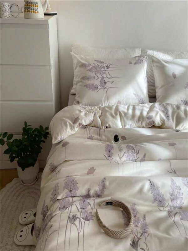 Juego de ropa de cama con estampado floral minimalista, esenciales para el hogar casual, decoración de otoño, decoración de otoño, decoración de la habitación