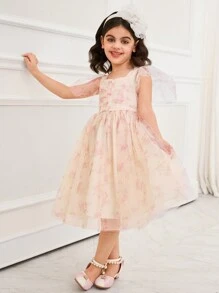 SHEIN 年轻女孩编织碎花网眼方领紧身休闲连衣裙 - 杏色 - 查看 4