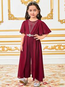 SHEIN Young Girl Rhinestone Embellished Ruffle Sleeve Jumpsuit With Capelet