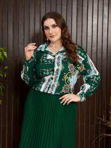 Mulvari Women Casual Loose Turndown Collar Long Sleeve Scarf Print Shirt With A-Line Pleated Solid Color Skirt 2 Pieces Set, Plus Size, Spring/Summer - Multicolor - View 4