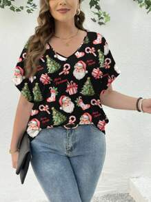 SHEIN Essnce Áo thun tay ngắn cổ chữ V họa tiết ông già Noel và bông tuyết đơn giản giản dị dành cho nữ cỡ lớn, phù hợp cho dịp Giáng sinh - trắng - Xem 1