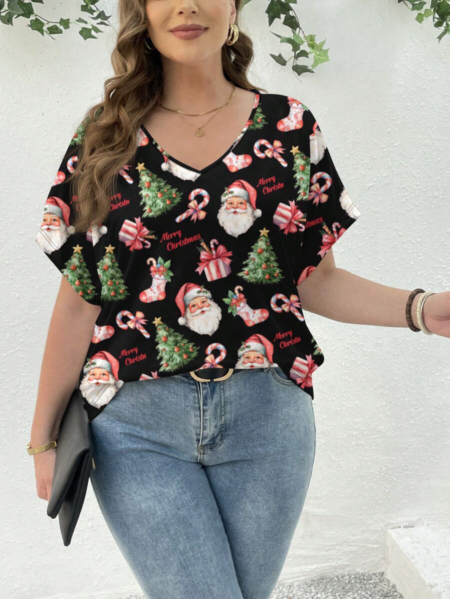 SHEIN Essnce Áo thun tay ngắn cổ chữ V họa tiết ông già Noel và bông tuyết đơn giản giản dị dành cho nữ cỡ lớn, phù hợp cho dịp Giáng sinh - trắng - Xem 1