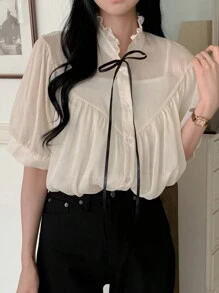 DAZY 优雅办公室女式短袖花卉V领褶皱衬衫，夏季 - 米色 - 查看 3