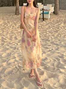 DAZY 女士全身印花吊带连衣裙，度假沙滩连衣裙，春夏邮轮旅行装，复活节女士服装 - 黃色 - 查看 9