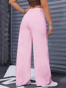 SHEIN ICON Women's Front Button Pocket Casual Loose Straight Jeans Y2k - Pink - View 2